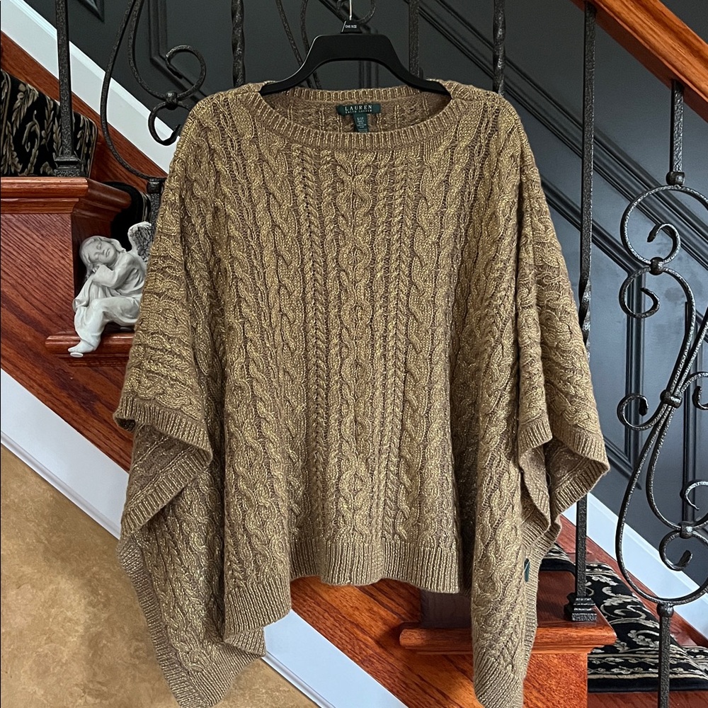 Lauren by Ralph Lauren Size S/M Metallic Gold & Tan Cable Knit Poncho Sweater